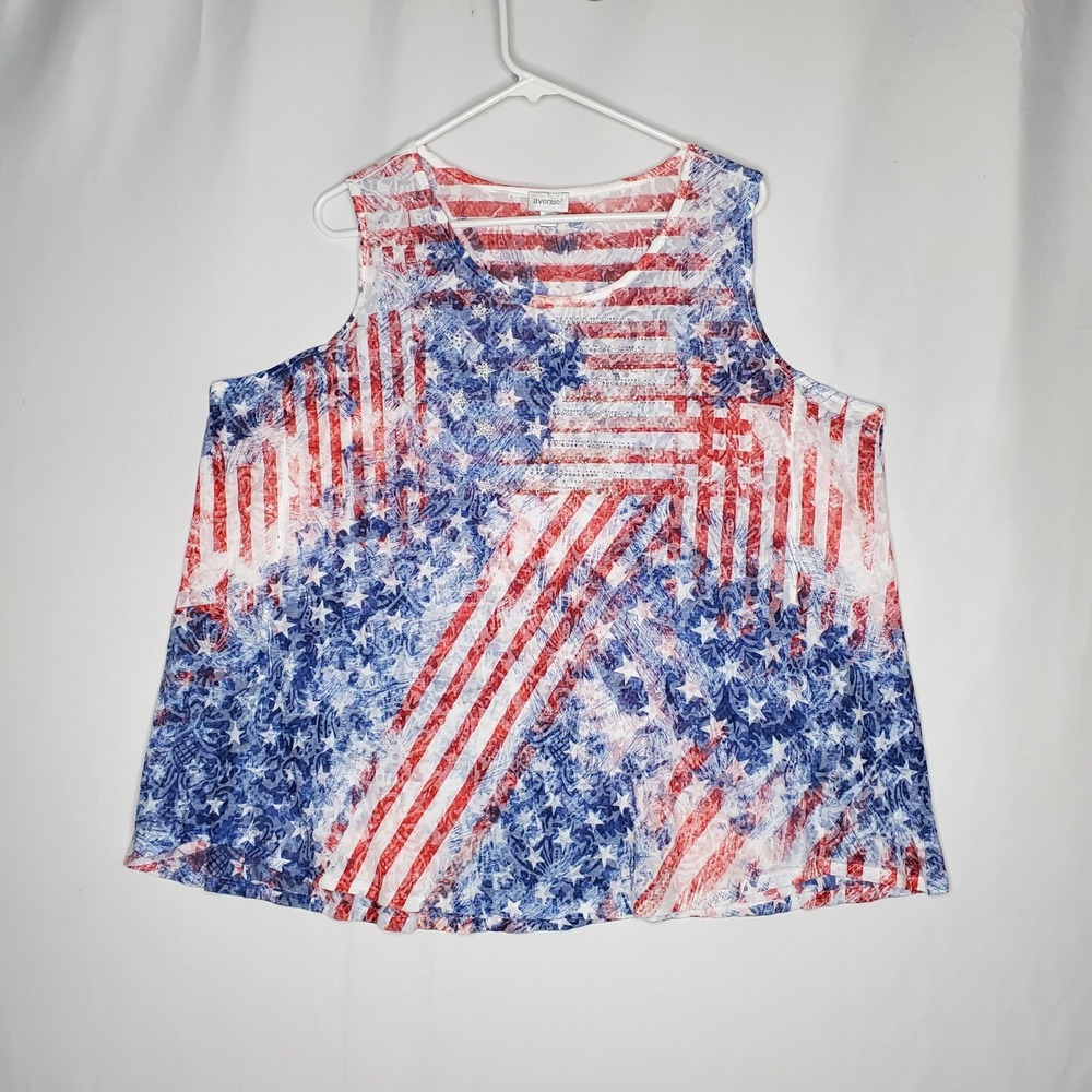 Avenue Tank Top 18/20 American Flag Rhinestone Burnout Patriotic Red Blue‎ White